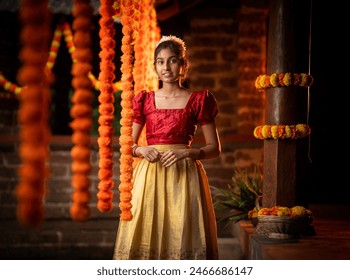 Onam festival celebration image, Beautiful Kerala girl wearing traditional dress and celebration Onam