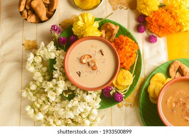Onam sadhya sweet palada payasam or semiya dal kheer dessert Kerala, South India. Indian mithai Delicious festival sweet dish for Onam, Vishu, Deepawali, sweet food made of condensed milk