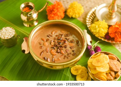Onam sadhya sweet parippu payasam or dal kheer dessert Kerala, South India. Indian mithai Delicious festival sweet dish for Onam, Vishu, Deepawali, sweet food made of condensed milk