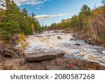 Onaping Waterfalls in Greater Sudbury Ontario Canada in early Autumn, slow shutter speed, smooth water, sunny day