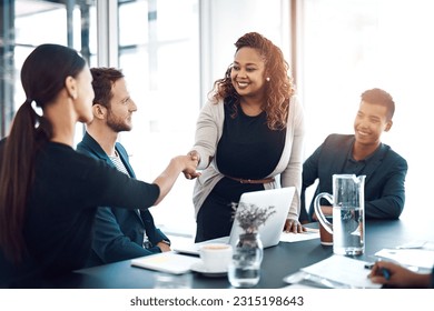 Onboarding, welcome and business people with a handshake in a meeting for a partnership. Happy, thank you and women shaking hands in an interview for b2b, networking or agreement at a legal company