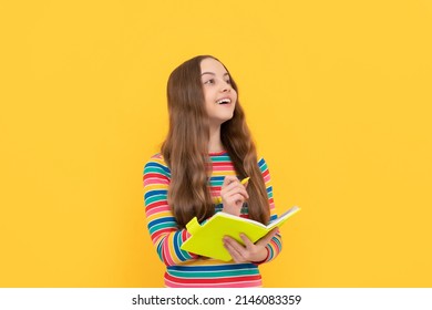 Once Upon A Time. Happy Child Write Story. Story Writer Yellow Background. Writing Lesson