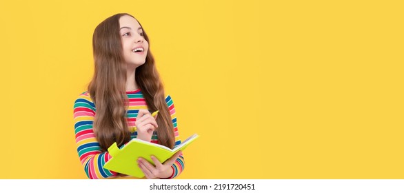 Once Upon A Time. Happy Child Write Story. Story Writer Yellow Background. Writing Lesson. Banner Of Schoolgirl Student. School Child Pupil Portrait With Copy Space.