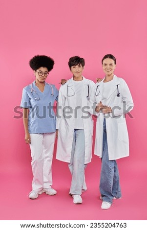 oncologists, three interracial female doctors, breast cancer awareness, early detection, campaign [[stock_photo]] © 