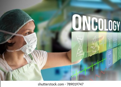 Oncology concept. Doctor using a futuristic touch screen concept computer with medical icons on it. Healthcare operation surgery room on background.