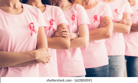 Oncology Prevention. Group Of Unrecognizable Multiracial Ladies In Pink Cancer Awareness T-Shirts Standing Posing Over White Background. Panorama, Shallow Depth