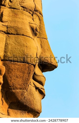 One of 216 smiling sandstone faces at 12th century bayon, king jayavarman vii's last temple in angkor thom, angkor, unesco world heritage site, siem reap, cambodia, indochina, southeast asia, asia