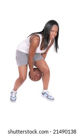 One African American Woman In Shorts Playing Basketball Over White