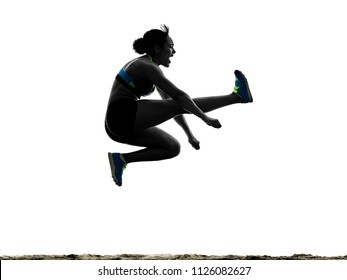 One African Athlete Athletics Long Jump Woman Isolated On White Background Silhouette