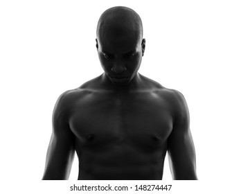 One African  Black Man Topless Looking Down Sad  In Silhouette Studio On White Background