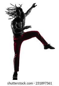 One African Man Exercising Fitness Dancing In Silhouette On White Background