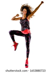 One African Mixed Race Mature Woman Cardio Dancer Dancing Fitness Exercises In Studio Isolated On White Background