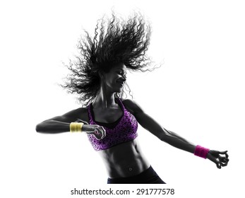 one african woman woman zumba dancer dancing exercises in studio silhouette isolated on white background