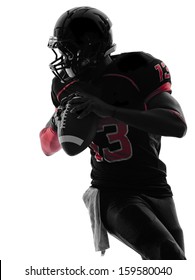 One  American Football Player Quarterback  Portrait In Silhouette Shadow On White Background