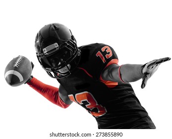 One American Football Player Quarterback Passing Portrait In Silhouette Shadow On White Background