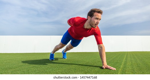 One Arm Pushup Bodyweight Exercise Strong Man Working Out Muscles With Advanced Variation Of Push-ups. Push Up Training At Gym.