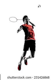 one asian badminton player young man in silhouette isolated white background