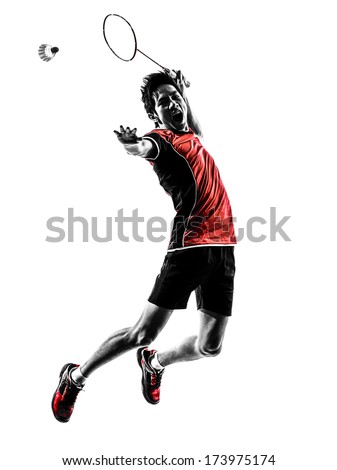 one asian badminton player young man  in silhouette isolated white background