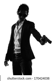 One Asian Gunman Killer Portrait  Shooting In Silhouette Isolated White Background