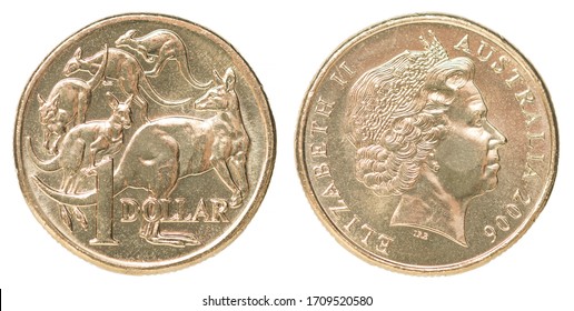 One Australian dollar coin with the image of five kangaroos isolated on white background