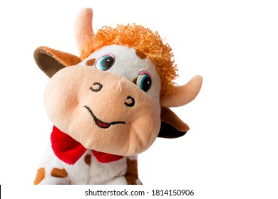 One Baby Cow Soft Toy On White Isolated Background