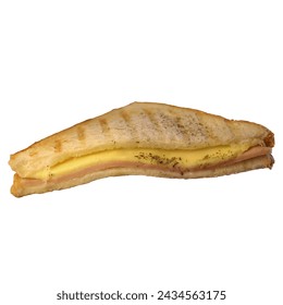 One baked ham and cheese sandwich, isolated on white background.