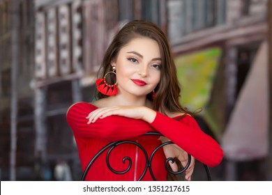 One Beautiful Female Caucasain High School Senior Girl In Red Crop Top Sweater