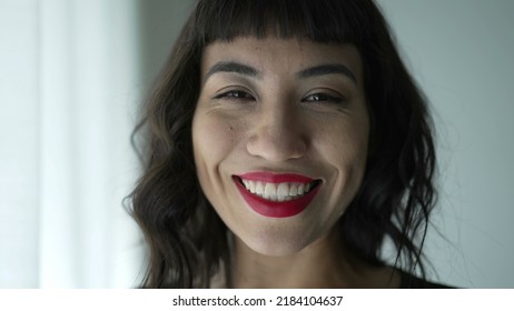 One Beautiful Hispanic Girl Portrait Smiling At Camera. Closeup Face Of A Happy South American Woman