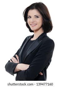 One Beautiful Smiling Caucasian Business Woman Portrait Arms Crossed In Studio Isolated On White Background