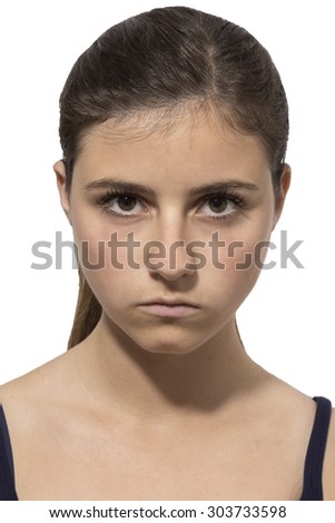 one beautiful teenage girl portrait angry in white background