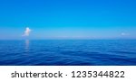 One beautifully shaped cloud on the horizon and the white sailing yacht, clear blue sealine with no coast, just blue and white shades, boat adventure in Adriatic sea, Croatia