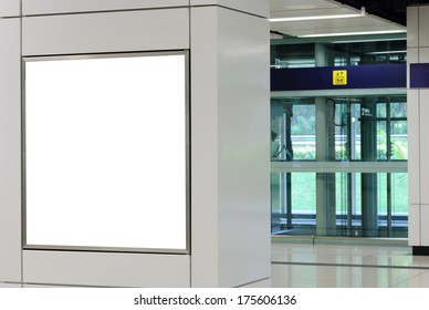 One Big Square Blank Billboard On Modern White Wall With Lift Background