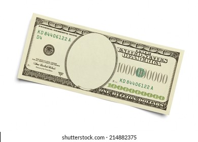 One Billion Dollar Bill With Cut Out Face Isolated On White Background.