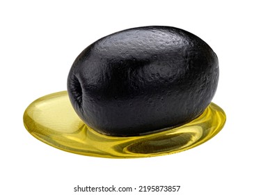 One Black Olive With Olive Oil Spot Isolated On White Background