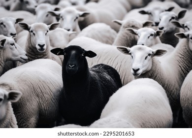 One black sheep in a herd of white sheep - Shutterstock ID 2295201653