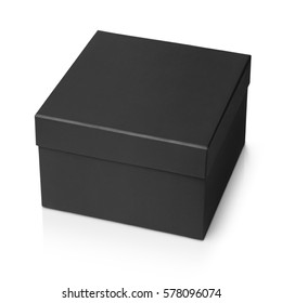 One Black Shoe Square Box Isolated On White Background. Black Box With Clipping Path