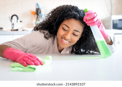 One black woman cleaning domestic kitchen at home