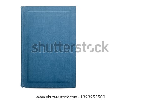 One blue beautiful closed book on white isolate background. beautiful blue book cover view from the top
