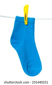 One Blue Sock Hanging On The Clothesline. Image Isolated On White Background  