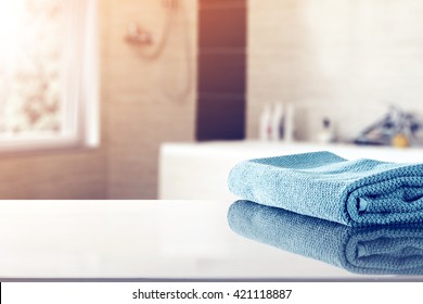 One Blue Towel And Gray Space 