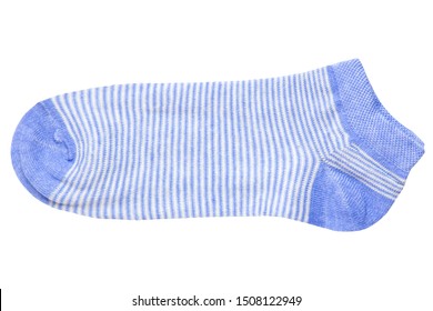 One Blue Women's Striped Sock On A White Background. Isolate