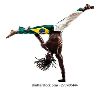 one Brazilian black man dancer dancing capoeira on white background