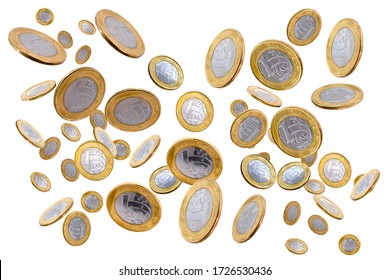 One Brazilian Real Coins Falling On Isolated White Background. Coin Rain, Concept Of Falling Brazilian Economy, Economic Crisis.