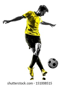 one brazilian soccer football player young man dribbling in silhouette