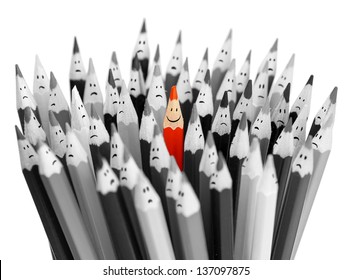 One bright color smiling pencil among bunch of gray sad pencils