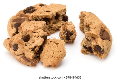 One Broken Chocolate Chip Cookie Isolated On White Background. Sweet Biscuit Crumbs. Homemade Pastry.