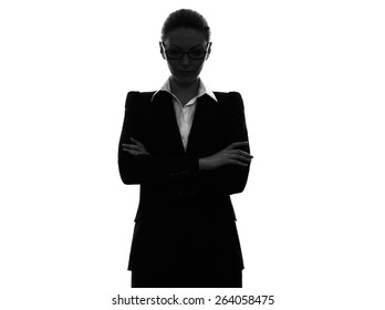 one  business woman arms crossed portrait in silhouette on white background