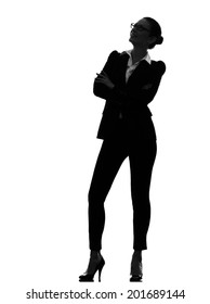 one  business woman standing looking up smiling in silhouette on white background