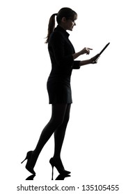 One Business Woman Walking Computer Computing Typing Digital Tablet  Silhouette Studio Isolated On White Background