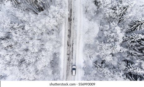 One Car Driving Through The Winter Forest On Country Road. Top View From Drone